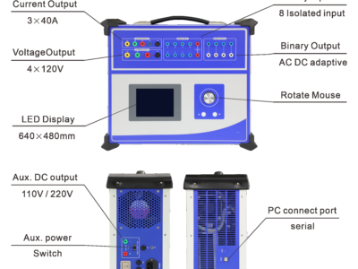 VAE-430 protective relay test set — panel connector layout
